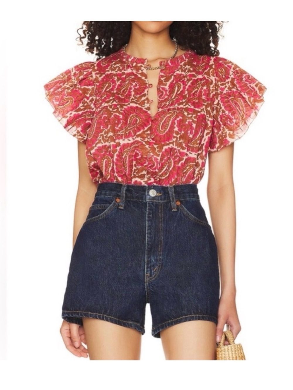 Cleobella Pink and Brown Paisley Short Sleeve Ruffle Neck Blouse